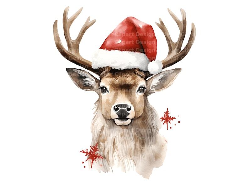 Pu&ograve; includere: Dipinto ad acquerello di un cervo che indossa un cappello rosso di Babbo Natale. Il cervo ha una pelliccia marrone e grandi corna. Lo sfondo &egrave; bianco con schizzi di acquerello rosso.
