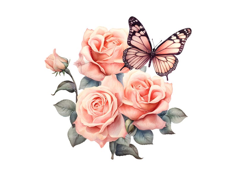 10 Butterflies and Roses Clipart - Watercolor Floral Butterfly With ...