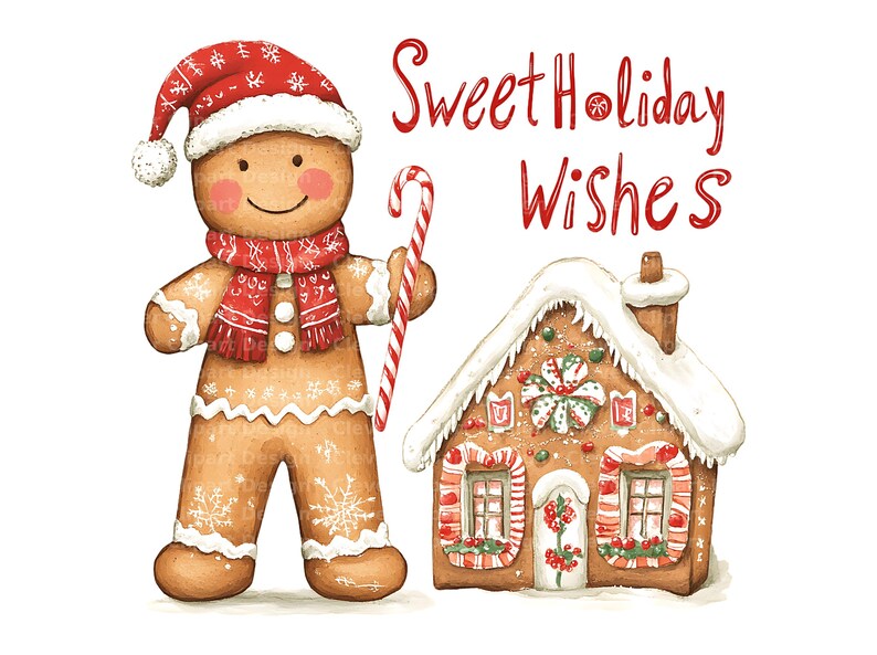 Op de afbeelding: Een peperkoekman met een rode en witte muts houdt een snoepstok voor een peperkoekhuis met een besneeuwd dak. De tekst "Sweet Holiday Wishes" staat in rood boven het peperkoekhuis.