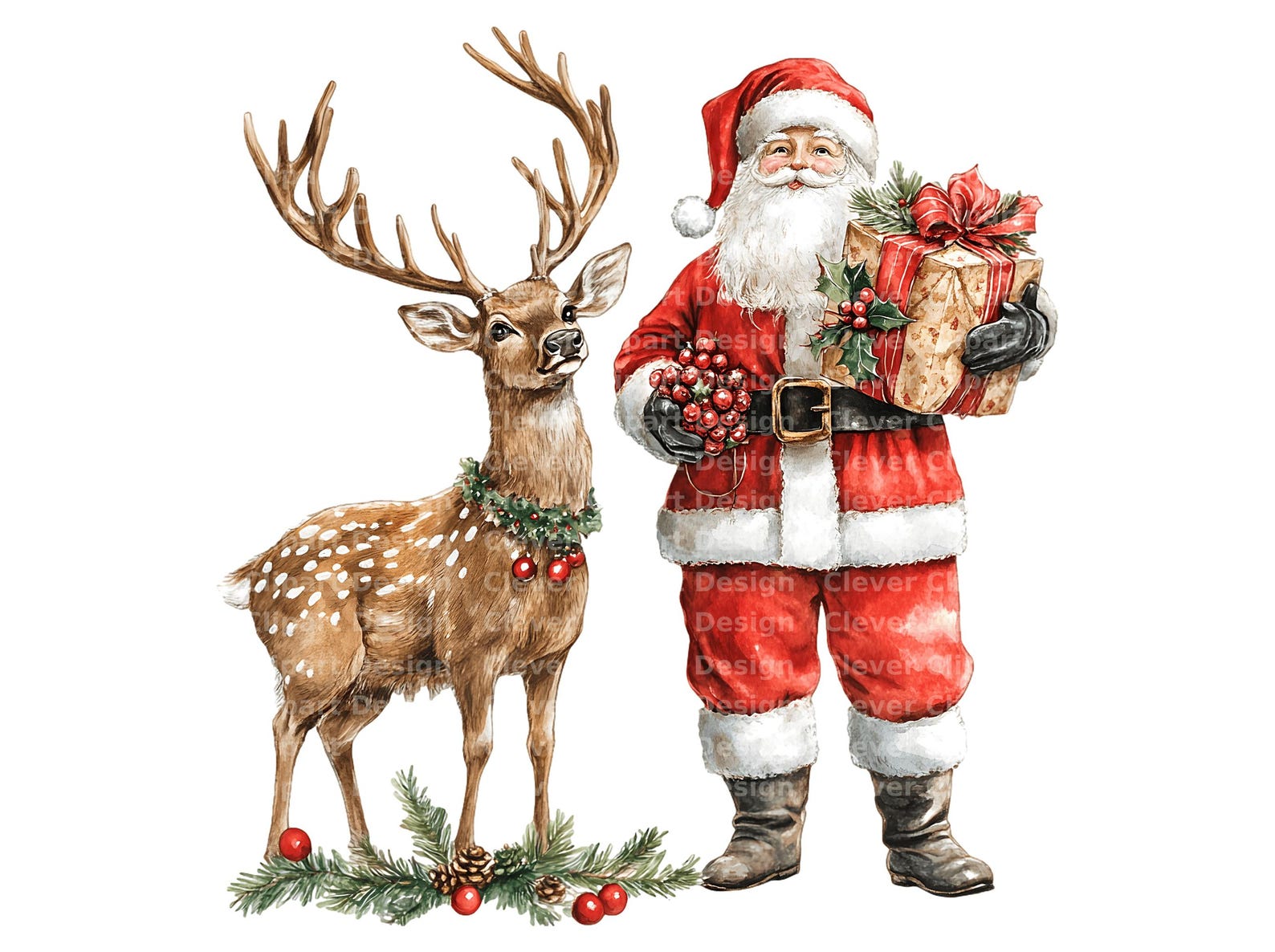 10 Santa and Reindeer Clipart - Watercolor Christmas PNG Bundle - Etsy