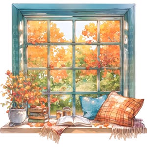 10 Autumn Window Clipart - Watercolor Cozy Window Scenes, Fall Views ...