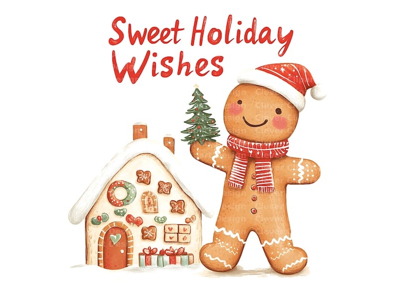 Op de afbeelding: Een peperkoekman met een rood-witte kerstmanmuts houdt een kleine groene kerstboom vast. Hij staat voor een peperkoekhuis dat versierd is met snoep en glazuur. De tekst "Sweet Holiday Wishes" staat in rood boven de peperkoekman.