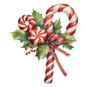 May include: A watercolour illustration featuring Christmas candy canes, a round peppermint sweet, holly leaves, and red berries. A red and white striped ribbon is tied around the sweets. The image is set against a white background.