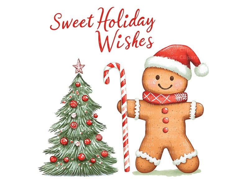 Op de afbeelding: Een peperkoekman met een rode kerstmanmuts en sjaal houdt een snoepstokje vast naast een groene kerstboom die versierd is met rode en witte kerstballen. De tekst "Sweet Holiday Wishes" staat boven de afbeelding.