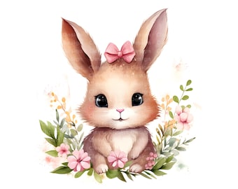 10 imágenes prediseñadas de conejitos en acuarela: conejitos, set floral para guardería (PNG/JPG)