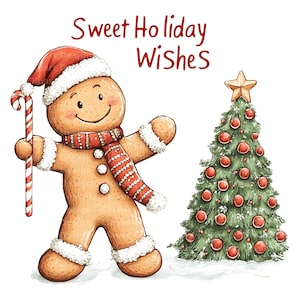 Op de afbeelding: Een peperkoekman met een rode en witte kerstmanmuts en sjaal houdt een snoepstok vast. Hij staat voor een groene kerstboom die versierd is met rode kerstballen en een gouden ster bovenop. De tekst "Sweet Holiday Wishes" staat boven de peperkoekman.
