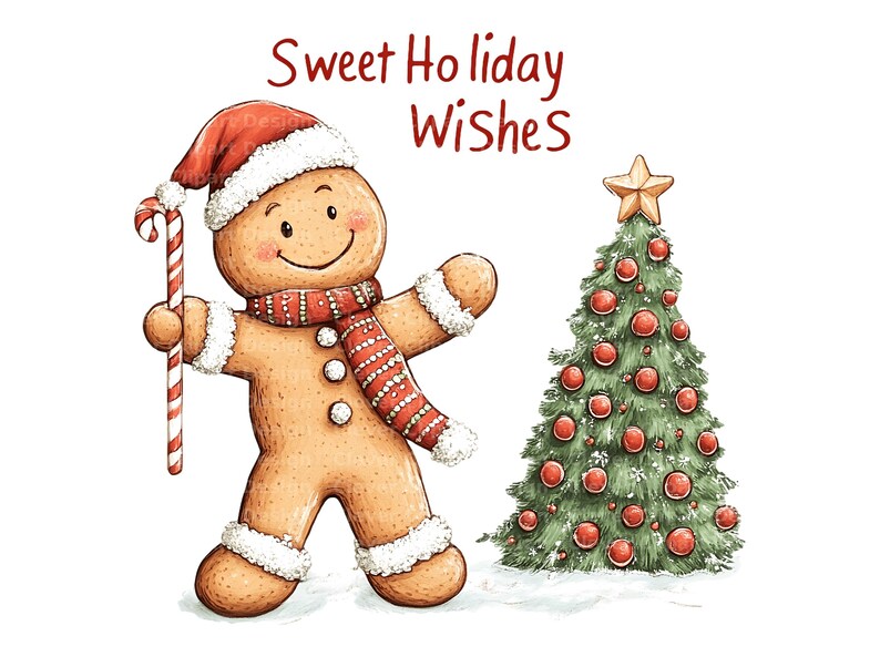Op de afbeelding: Een peperkoekman met een rode en witte kerstmanmuts en sjaal houdt een snoepstok vast. Hij staat voor een groene kerstboom die versierd is met rode kerstballen en een gouden ster bovenop. De tekst "Sweet Holiday Wishes" staat boven de peperkoekman.