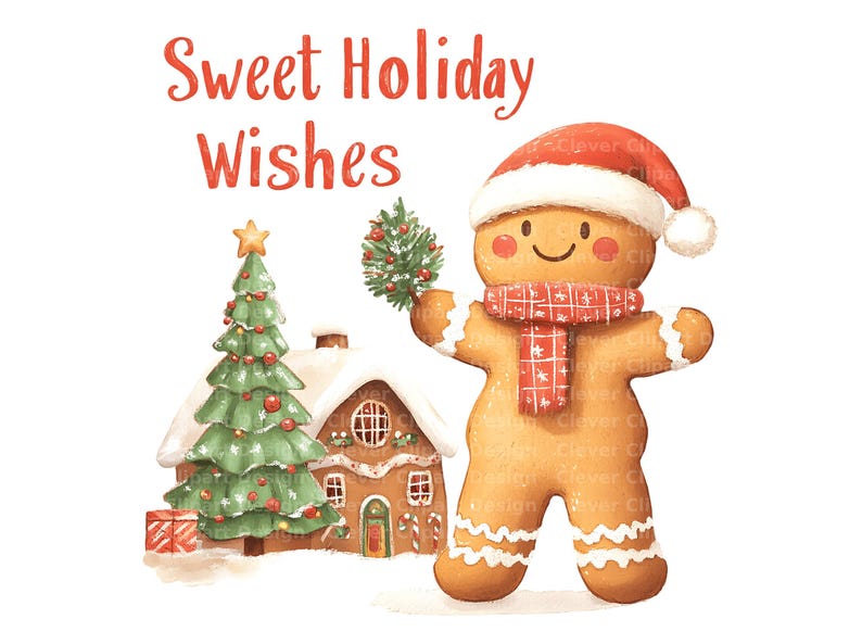 Op de afbeelding: Een peperkoekman met een rode kerstmanmuts en sjaal houdt een kleine groene kerstboom vast voor een peperkoekhuis met een besneeuwd dak en een kerstboom. De tekst "Sweet Holiday Wishes" staat boven de peperkoekman.