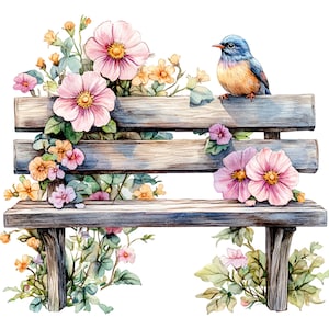 Può includere: Illustrazione ad acquerello di una panchina di legno nel parco, adornata con fiori rosa, gialli e arancioni e fogliame verde. Un piccolo uccello blu e arancione è appollaiato sulla panchina. La panchina ha un aspetto rustico e vissuto.
