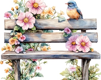 10 Floral Bench Clipart - Watercolor Garden Bench with Birds & Flowers (PNG/JPG)