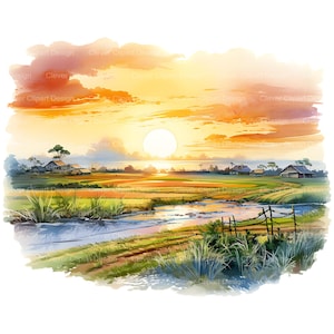 May include: A watercolor painting of a rural landscape with a river, green fields, and a small village in the distance. The sky is a vibrant orange and yellow, with a bright sun shining in the center.