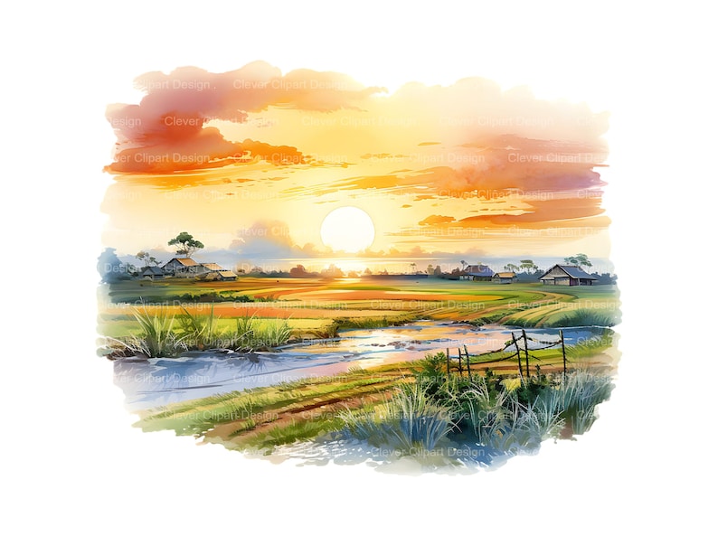 May include: A watercolor painting of a rural landscape with a river, green fields, and a small village in the distance. The sky is a vibrant orange and yellow, with a bright sun shining in the center.