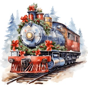 10 imágenes prediseñadas de trenes de invierno, tren navideño PNG, tren de vapor festivo, tren de vacaciones, paquete de trenes de invierno PNG, imágenes prediseñadas de trenes navideños