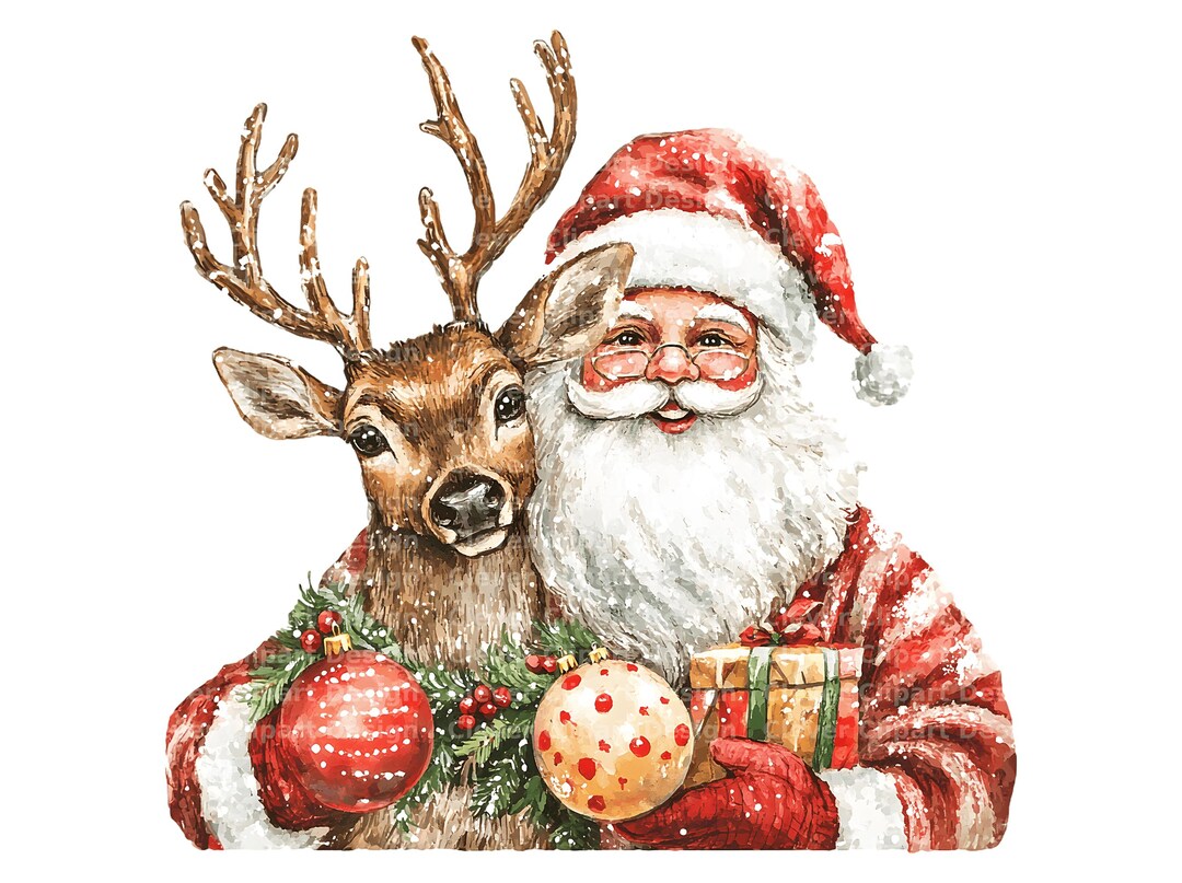 10 Santa and Reindeer Clipart - Watercolor Christmas PNG Bundle - Etsy