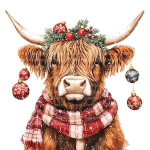 10 kerstmis hooglandkoe clipart, kerst boerderij clipart, hooglandkoe gezicht png, hooglandkoe ornament, kerst hooglandkoe printables