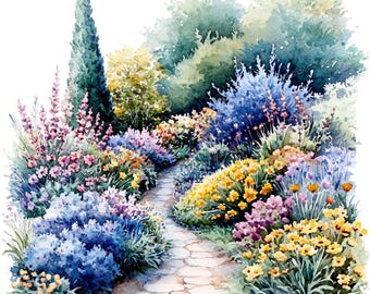 10 Watercolor Garden Clipart - Cozy Flower Landscapes, Cottage Garden Scenery (PNG/JPG)