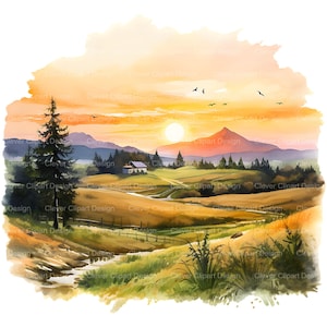 May include: A watercolor painting of a rural landscape with a small house in the distance. The scene is bathed in warm, golden light, with a bright orange sunset in the sky. The hills are covered in green grass and trees, and a winding path leads up to the house.