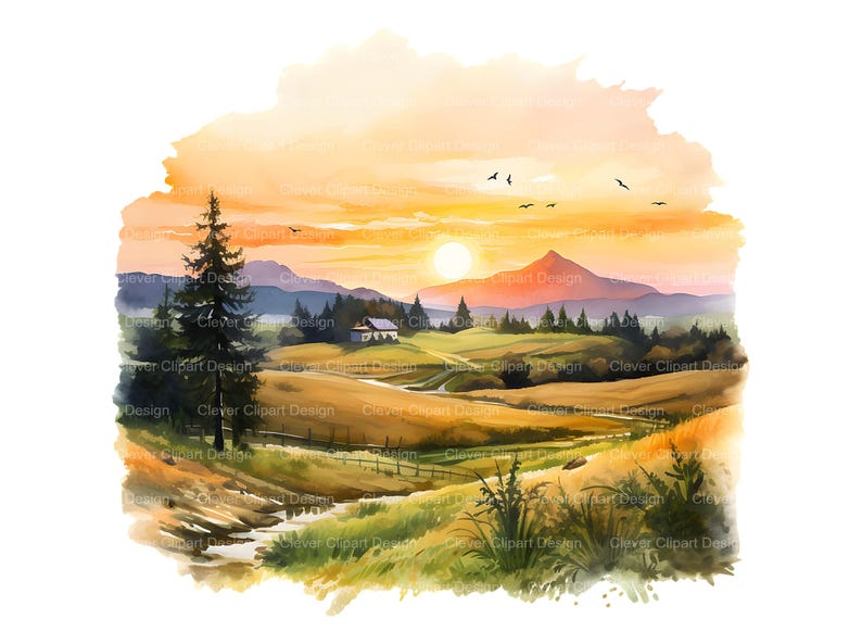 May include: A watercolor painting of a rural landscape with a small house in the distance. The scene is bathed in warm, golden light, with a bright orange sunset in the sky. The hills are covered in green grass and trees, and a winding path leads up to the house.