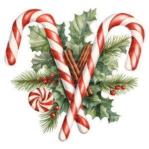 May include: A watercolour illustration featuring two red and white striped candy canes, holly leaves, cinnamon sticks, and a peppermint. The holly leaves are green, and the berries are red. A festive Christmas design.
