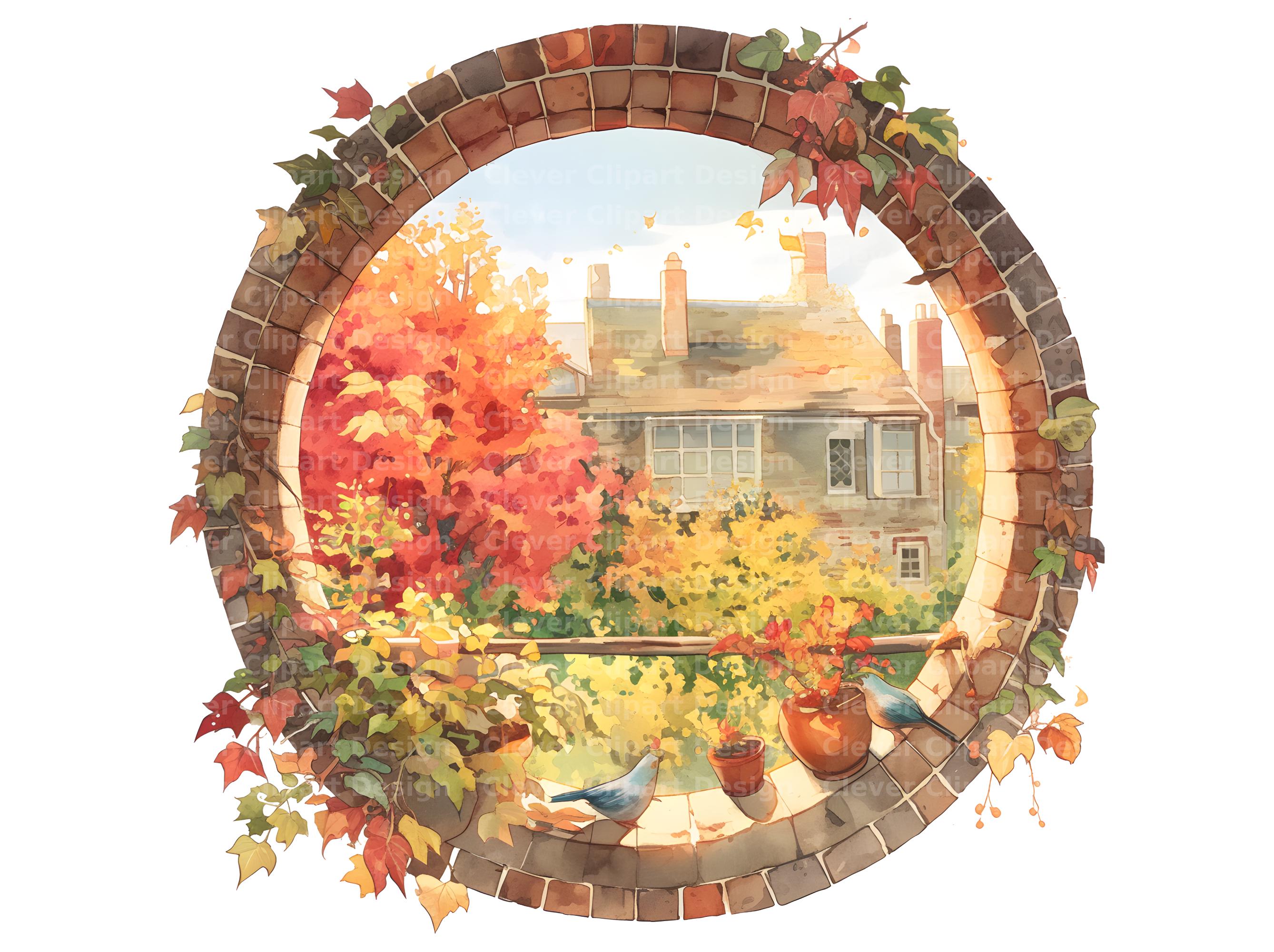 10 Autumn Window Clipart - Watercolor Cozy Window Scenes, Fall Views ...