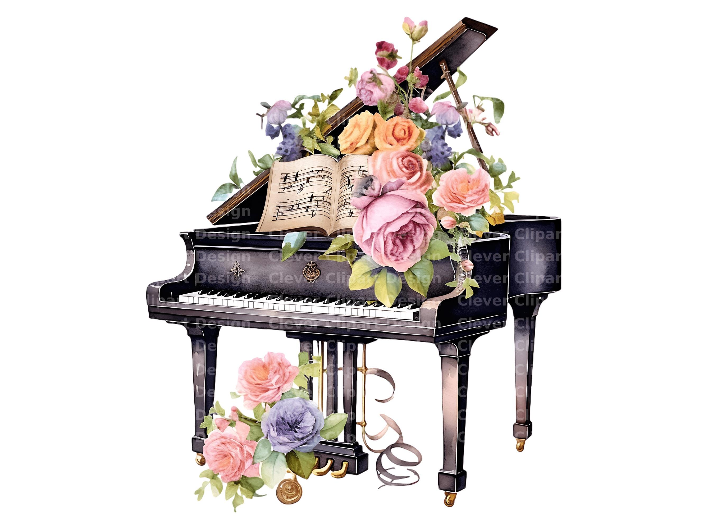10 Floral Grand Piano Clipart - Watercolor Piano With Flowers (PNG