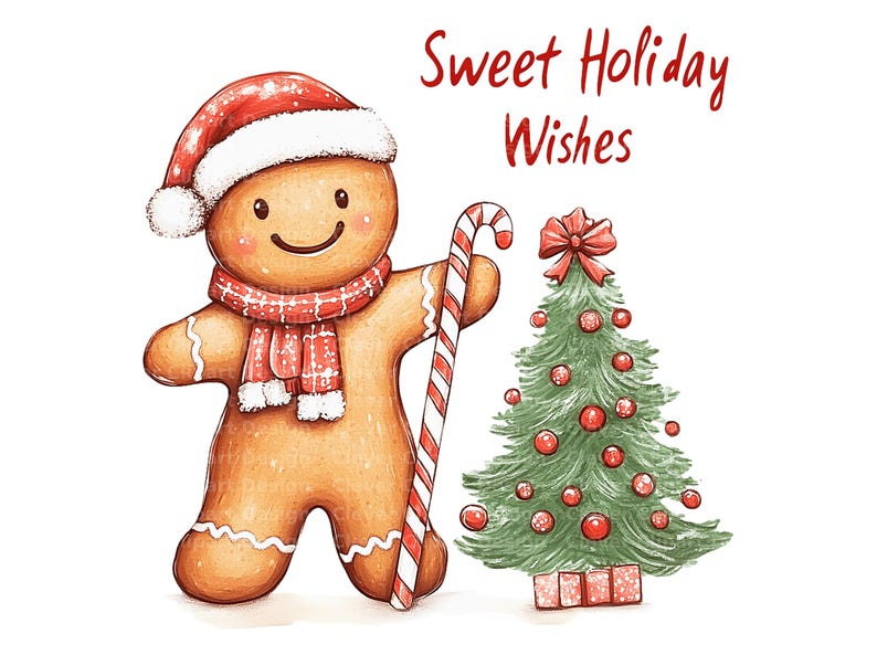Op de afbeelding: Een peperkoekman met een rood-witte kerstmanmuts houdt een snoepstok vast en glimlacht naar een groene kerstboom die versierd is met rode kerstballen. De tekst "Sweet Holiday Wishes" staat boven de peperkoekman.