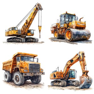 Op de afbeelding: Waterverfillustratie van vier bouwmachines: een kraan, een wals, een dumper en een graafmachine. De voertuigen zijn geschilderd in tinten geel en oranje, tegen een witte achtergrond.
