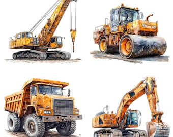 10 Construction Vehicles Clipart - Watercolor Heavy Equipment (PNG/JPG Digital Download)