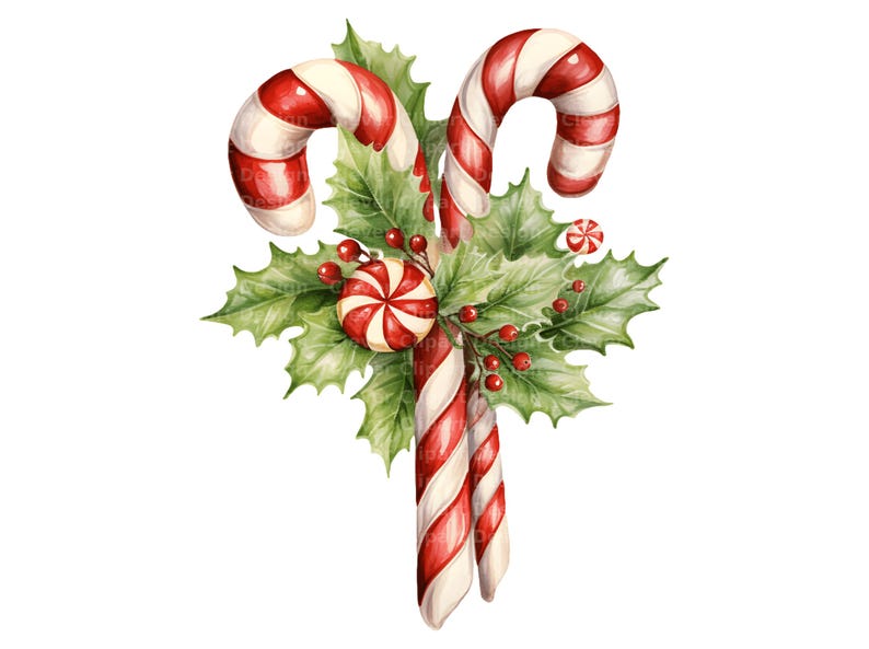 May include: A watercolour illustration of Christmas candy canes with red and white stripes, decorated with green holly leaves, red berries, and a round peppermint sweet. Festive holiday design.