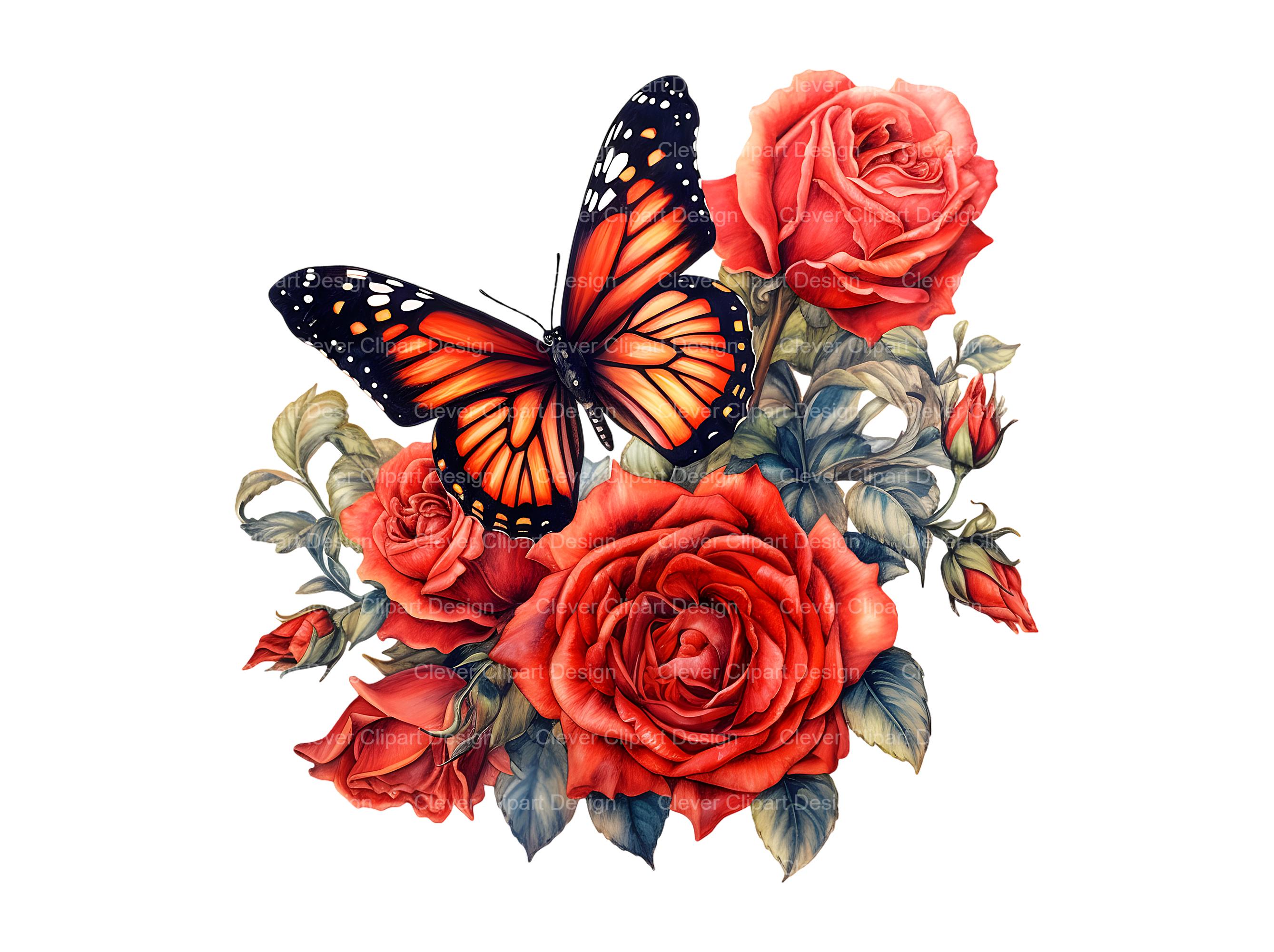 10 Butterflies and Roses Clipart - Watercolor Floral Butterfly With ...