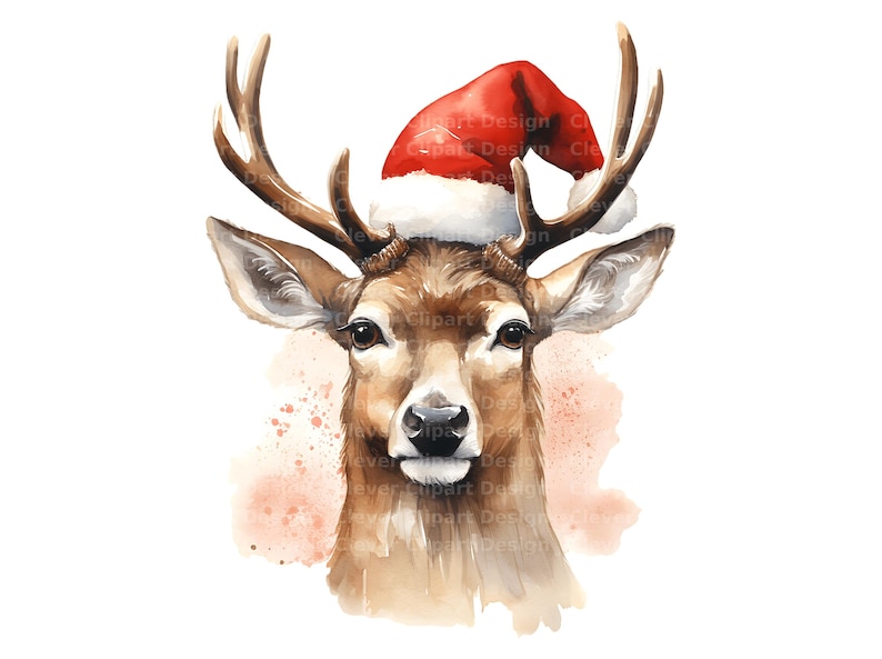 Pu&ograve; includere: Dipinto ad acquerello di un cervo che indossa un cappello rosso di Babbo Natale. Il cervo ha una pelliccia marrone e grandi occhi scuri. Lo sfondo &egrave; un morbido acquerello rosa e arancione.