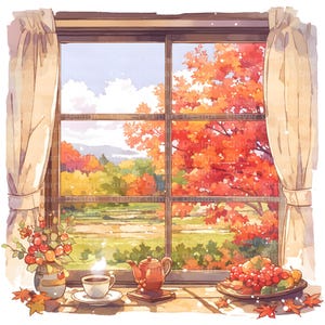10 Autumn Window Clipart - Watercolor Cozy Window Scenes, Fall Views ...