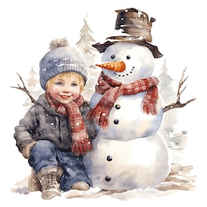 10 Kid and Snowman Clipart - Watercolor Winter Scene PNG Bundle