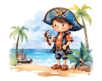 10 Pirate Clipart - Watercolor Kids Pirates, Pirate Ship & Parrot (PNG/JPG)