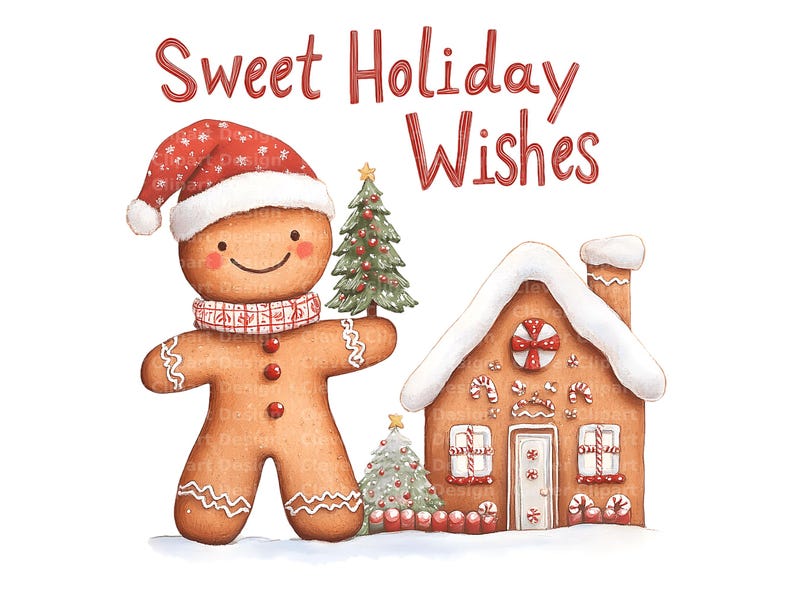 Op de afbeelding: Een peperkoekmannetje met een rode kerstmanmuts houdt een kleine groene kerstboom vast. Op de achtergrond staat een peperkoekhuis met een wit dak en snoepdecoraties. De tekst "Sweet Holiday Wishes" is in rode letters geschreven.