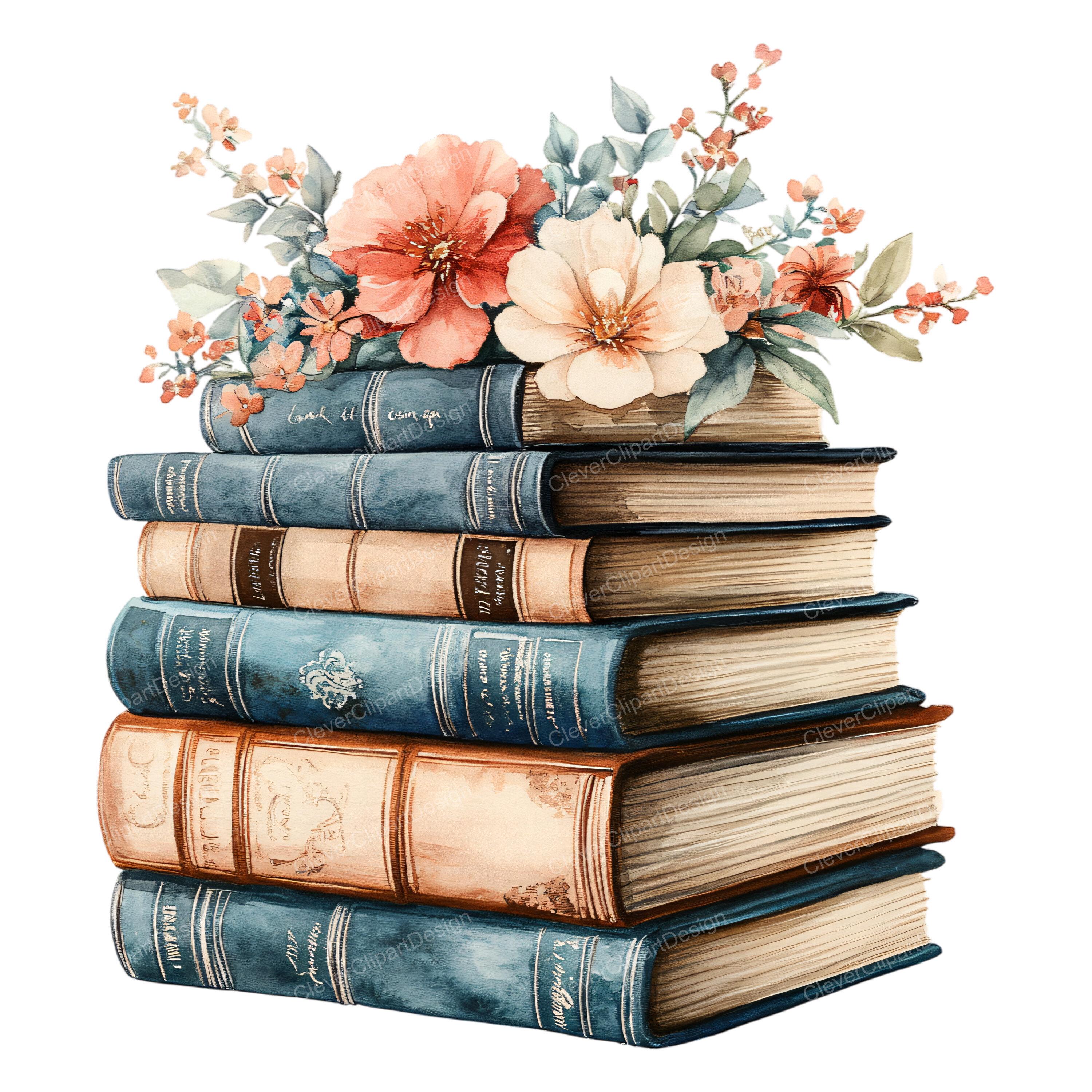 10 Vintage Books With Flowers Clipart - Watercolor Floral Books Stack ...