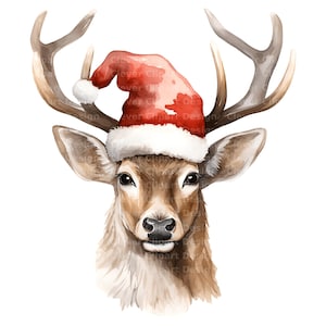 Pu&ograve; includere: Un'illustrazione ad acquerello di un cervo che indossa un cappello rosso di Babbo Natale. Il cervo guarda direttamente lo spettatore con un'espressione amichevole.