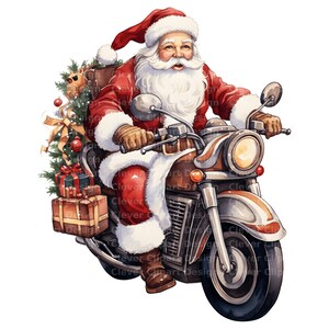 Może przedstawiać: Święty Mikołaj w czerwonym stroju i z białą brodą jedzie na zabytkowym motocyklu z bocznym w&oacute;zkiem pełnym zapakowanych prezent&oacute;w i małym pluszowym zwierzątkiem.