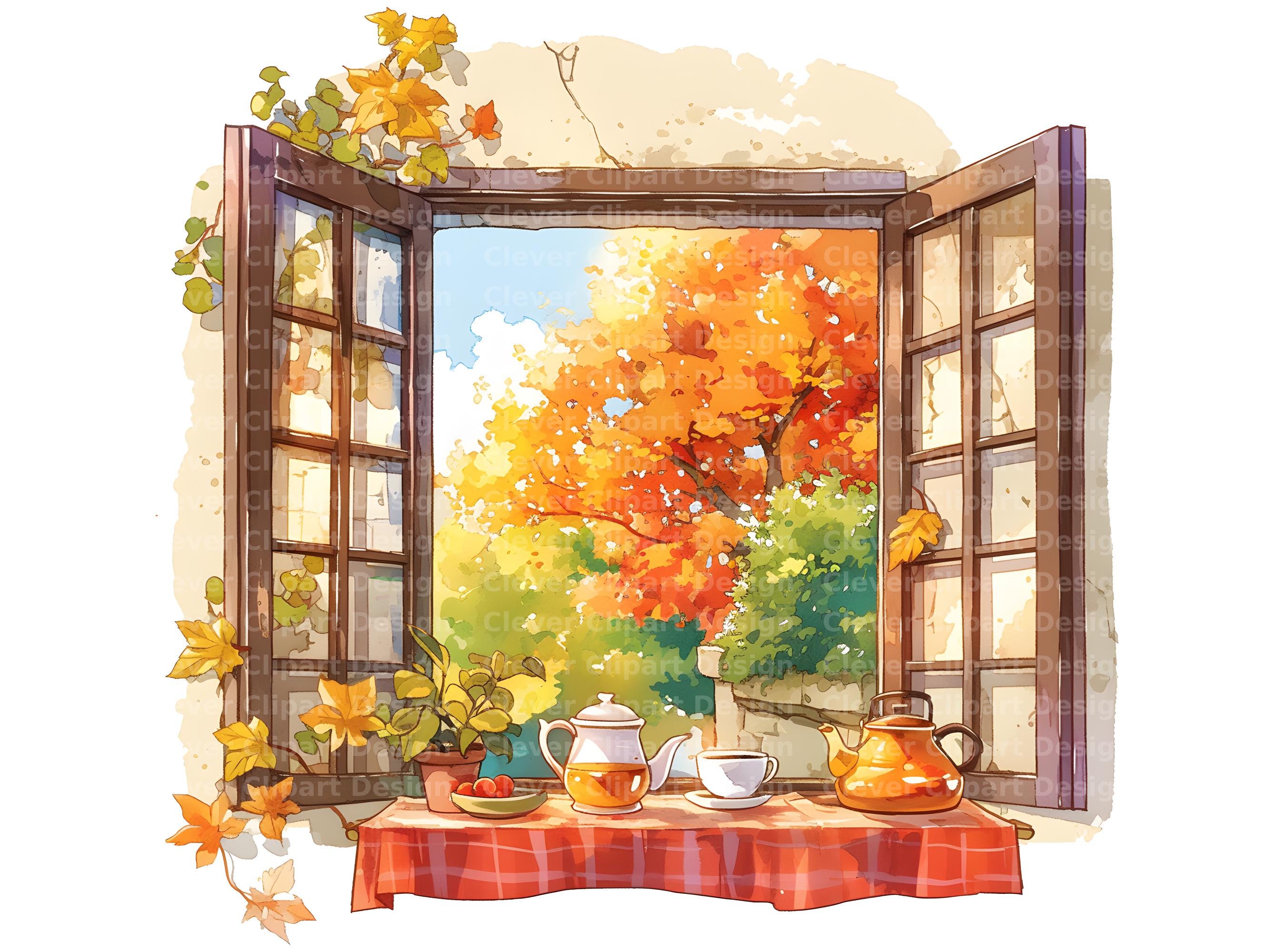Fall Window Print 10 Autumn Window Clipart - Watercolor Cozy Window Scenes, Fall Views ...
