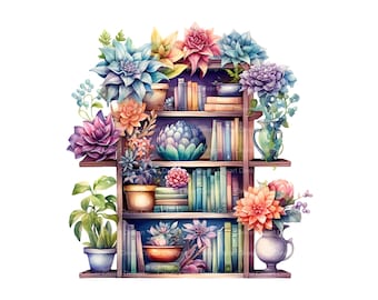 10 Floral Bookshelf Clipart - Watercolor Books and Plants PNG Bundle
