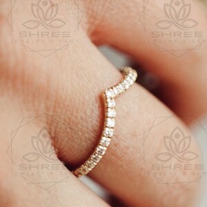 Chevron Diamond Wedding Band, Curved V Shape Moissanite Stacking Ring, 14K Gold Plated Minimalist Bridal Matching Band for Women