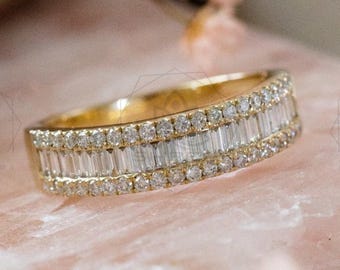 14K Gold Moissanite Eternity Band, Baguette & Round  Cut Diamond Ring, Stackable Wedding Band, Half Eternity Ring, Minimalist Bridal Ring.