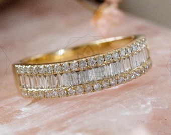 14K Gold Moissanite Eternity Band, Baguette & Round Stacking Ring