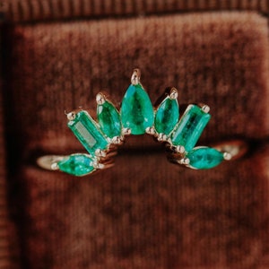 Alliance vintage émeraude en or 14 carats, jonc de diamants CZ vert en argent, anneau minimaliste incurvé en couronne, anneau assorti design étoile