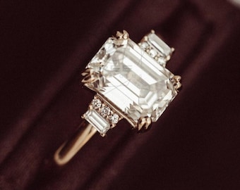 Emerald Cut Moissanite Engagement Ring,14k Gold Plated Wedding Ring,S925 Silver Moissanite Diamond Ring, Gift For Her, Art Deco Vintage Ring