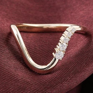 14k Gold Deep Curved Stacking Ring, Dainty Moissanite Chevron Ring, Wavy Nesting Ring for Solitaire Engagement, White Round Cut U Shape Band