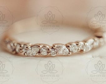 14k Gold Marquise & Round Diamond Ring, Vintage Moissanite Wedding Band, Cluster Stacking Promise Ring, Matching Band, Gift for Her
