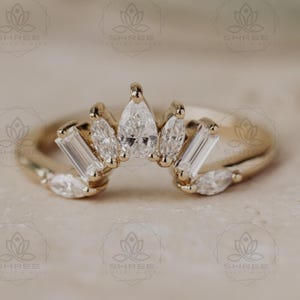 Pear Shape Outline Curved Wedding Band Pear Cut Colorless Moissanite Band Stackable V Cluster Half Eternity Band Moissanite Wedding Band