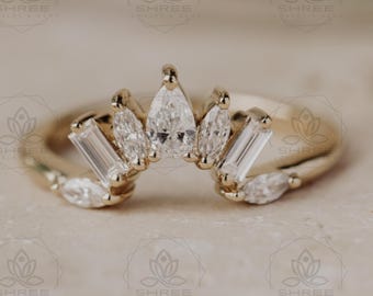 Pear Shape Outline Curved Wedding Band Pear Cut Colorless Moissanite Band Stackable V Cluster Half Eternity Band Moissanite Wedding Band