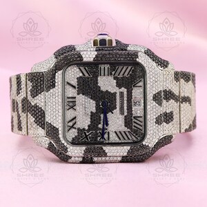 Luxury Moissanite Diamond Watch,Two Tone Zebra Print Full Iced Out Watch,  Black and White Moissanite Wrist Watch, Handcrafted Watch For Men